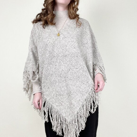 Vintage Wool Cotton Woven Knit Fringe Poncho Western Boho Hippie Sweater Shawl - Picture 1 of 6